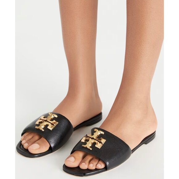 Tory Burch Eleanor Leather Slides Gold Hardware Black Size 6.5 - Picture 14 of 16